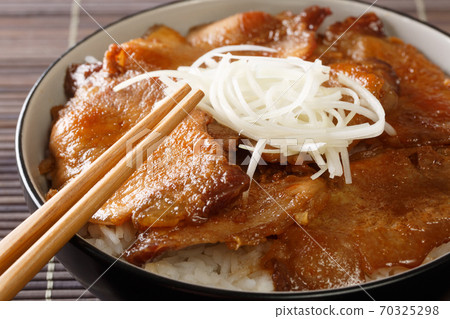 Butadon pork bowl, is a Japanese dish consisting of a bowl of rice topped with pork simmered in a mildly sweet sauce close-up in a bowl. Horizontal Butadon pork bowl, is a Japanese dish consisting of a bowl of rice topped with pork simmered in a mildly sweet sauce close-up in a bowl. Horizontal 70325298
