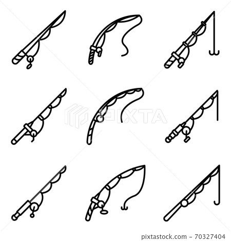 Fishing rod icons set, outline style 70327404