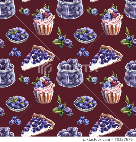 Blueberry. Seamless patterns. Watercolor botanical illustration. Hand drawn watercolor painting blueberry on white background. Blueberry. Seamless patterns. Watercolor botanical illustration. Hand drawn watercolor painting blueberry on white background. 70327676