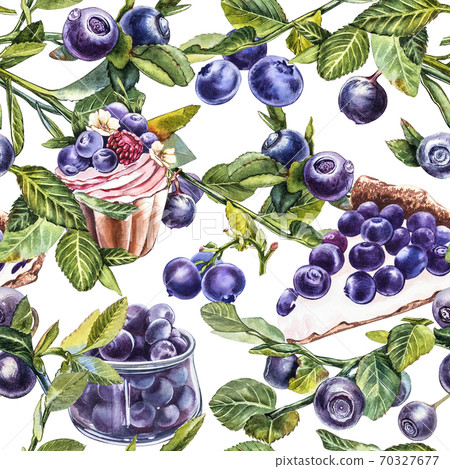 Blueberry. Seamless patterns. Watercolor botanical illustration. Hand drawn watercolor painting blueberry on white background. Blueberry. Seamless patterns. Watercolor botanical illustration. Hand drawn watercolor painting blueberry on white background. 70327677