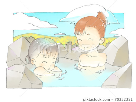 母親和女兒在一個陽光明媚的秋日在露天浴池中放鬆 母親和女兒在一個陽光明媚的秋日在露天浴池中放鬆 70332351