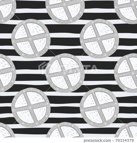 Monochrome seamless pattern with circle wood shield ornament. Grey and white medieval silhouettes on striped contrast background. Monochrome seamless pattern with circle wood shield ornament. Grey and white medieval silhouettes on striped contrast background. 70334379