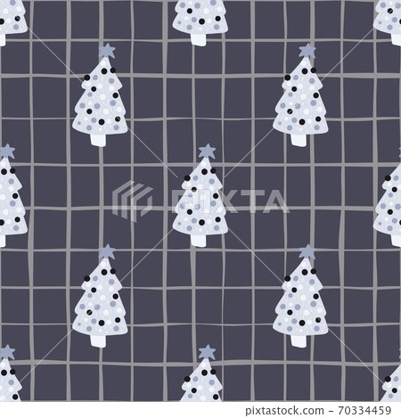 Simple stylized doodle seamless pattern with christmas fir tree toys. Dark navy blue chequered background. Light forest ornament. Simple stylized doodle seamless pattern with christmas fir tree toys. Dark navy blue chequered background. Light forest ornament. 70334459