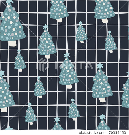 Random seamless stylized pattern with blue colored new year tree toy silhouettes. Dark navy blue chequered background. Random seamless stylized pattern with blue colored new year tree toy silhouettes. Dark navy blue chequered background. 70334460