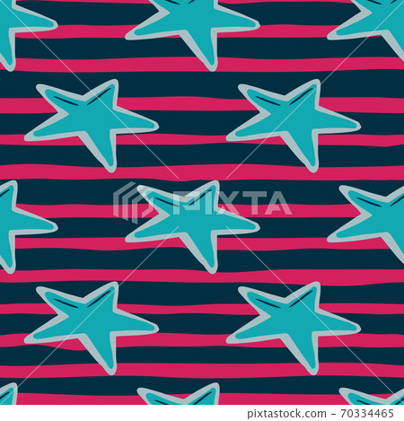 Bright seamless pattern with doodle hand drawn star details. Blue geometric shapes on navy blue and pink sripped background. 70334465