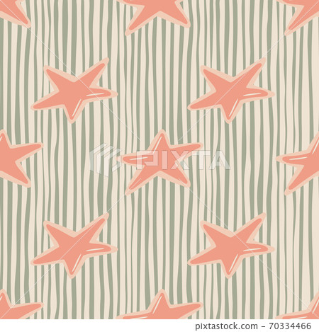 Pastel pink new year star cookies silhouettes seamless pattern. Doodle delicious bakery ornament on grey stripped background. Pastel pink new year star cookies silhouettes seamless pattern. Doodle delicious bakery ornament on grey stripped background. 70334466