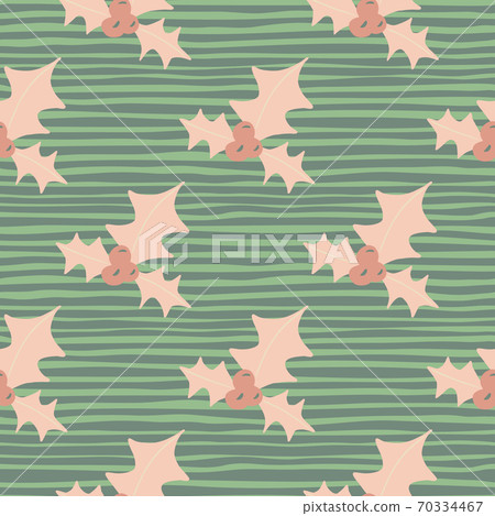 Pink mistletoe vintage xmas silhouetes seamless pattern. Green stripped background. New year hand drawn festive print. Pink mistletoe vintage xmas silhouetes seamless pattern. Green stripped background. New year hand drawn festive print. 70334467