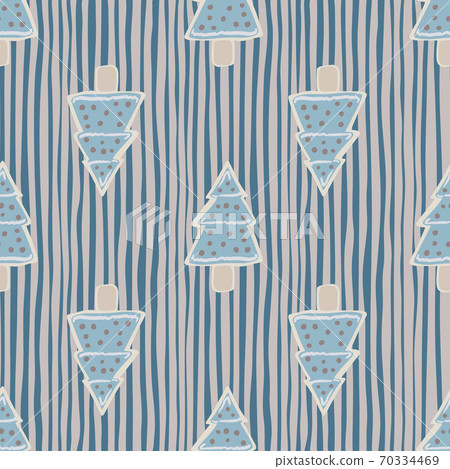 Blue new year cookie seamless hand drawn pattern. Fir tree tasty shapes on navy blue and pink stripped background. Blue new year cookie seamless hand drawn pattern. Fir tree tasty shapes on navy blue and pink stripped background. 70334469