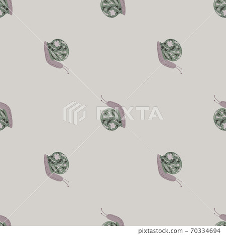 Minimalistic seamless creative fauna pattern with snail ornament. Cartoon animal shapes on grey background. Minimalistic seamless creative fauna pattern with snail ornament. Cartoon animal shapes on grey background. 70334694