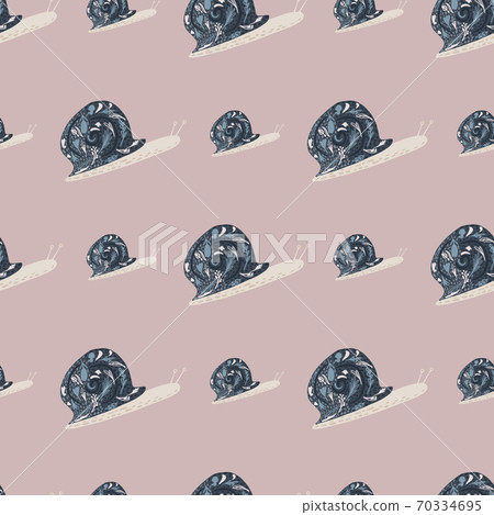 Simple animal ornament seamless snail pattern. Nature backdrop with navy blue achatina silhouette on pale pink background. 70334695