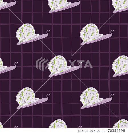Animal design seamless pattern with snail doodle ornament. Dark purple backgroun with check. Simple wildlife forest print. Animal design seamless pattern with snail doodle ornament. Dark purple backgroun with check. Simple wildlife forest print. 70334696