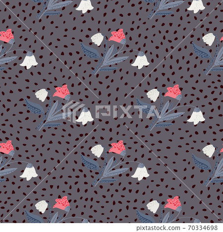 Pink and white village flowers seamless forest pattern. Doodle dark botanic ornament on grey dotted background. 70334698