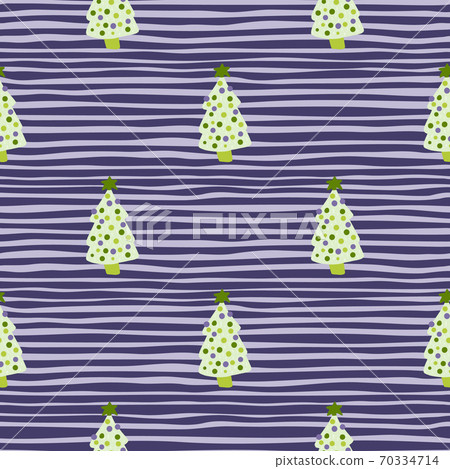 Light green christmas doodle tree toy seamless pattern. Purple and blue striped background. Holiday creative ornament. 70334714