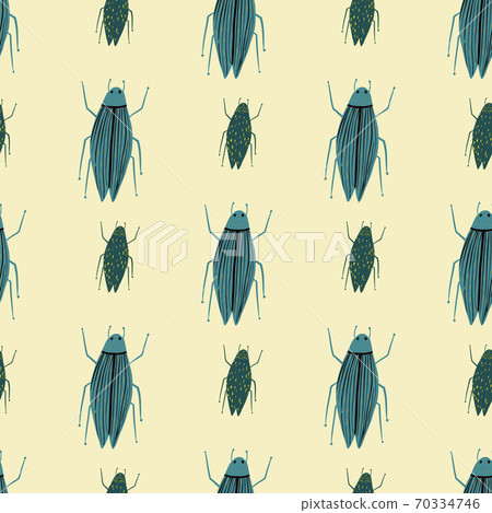 Blue colored bugs ornament seamless doodle pattern. Hand drawn simple elements on light yellow background. Blue colored bugs ornament seamless doodle pattern. Hand drawn simple elements on light yellow background. 70334746