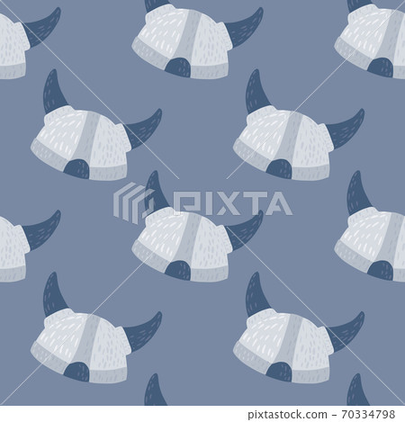 Seamless history pattern with scandinavian doodle helmets. Viking ornament in light tones on soft blue background. 70334798