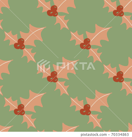 Pale pink mistletoe new year branches seamless doodle pattern. Green background. Winter stylized holiday backdrop. 70334863