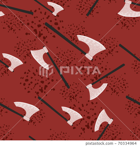 Horror seamless random pattern with viking ax silhouettes. Steel norway weapon ornament on red background with blood splashes. 70334964