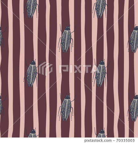 Seamless botanic pattern with flat bugs shapes. Grey insect forms on stripped backgrond with pink and maroon lines. 70335003