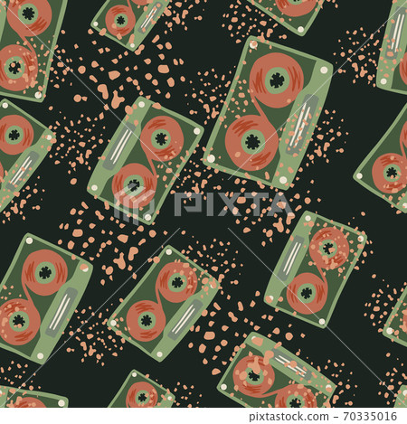 Random dark seamless pattern with cassette shapes. Green and red pale tones disco ornament on black background with splashes. 70335016