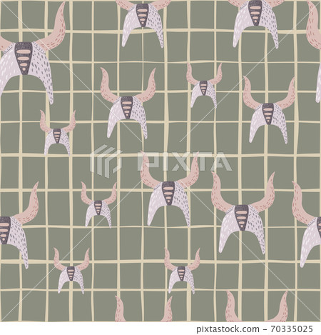 Random seamless pattern with doodle viking helmets ornament. Swedish weapon elements on green chequered background. 70335025