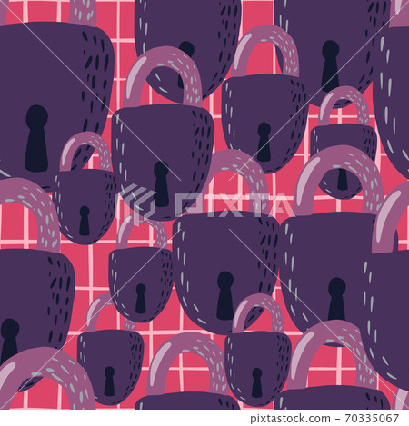 Random lock ornament seamless doodle pattern. Purple secret victorian elements on pink chequered background. Random lock ornament seamless doodle pattern. Purple secret victorian elements on pink chequered background. 70335067