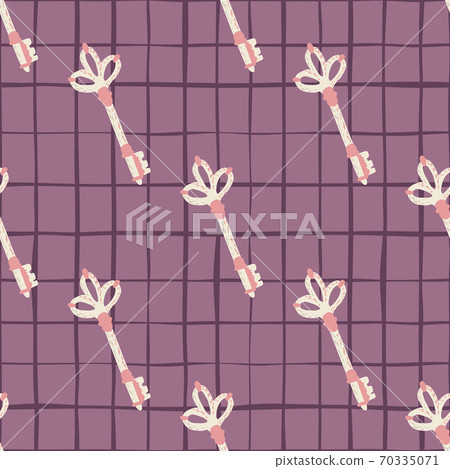 Seamless pattern with doodle simple pink and white colored keys shapes. Purple light chequered background. Vintage backdrop. Seamless pattern with doodle simple pink and white colored keys shapes. Purple light chequered background. Vintage backdrop. 70335071