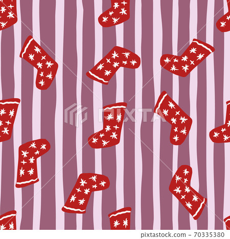Seamless winter pattern with hand drawn christmas socks shapes. Red random located new year elements on purple stripped background. Seamless winter pattern with hand drawn christmas socks shapes. Red random located new year elements on purple stripped background. 70335380