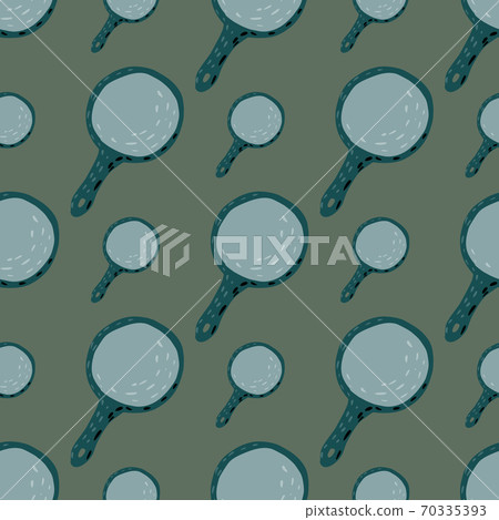 Blue and turquoise colored pans elements seamless pattern. Green background. Kitchen tools artwork. 70335393