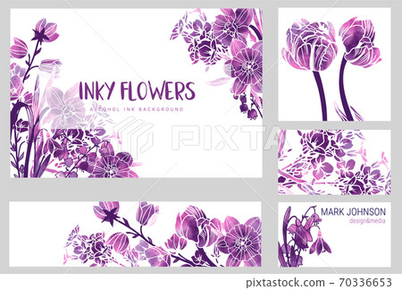 Set of four wedding invitation cards, spring flowers with alcohol ink texture  70336653