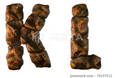 Set of rocky letters K, L. Font of stone on white background. 3d Set of rocky letters K, L. Font of stone on white background. 3d 70337512