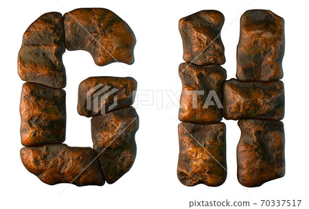 Set of rocky letters G, H. Font of stone on white background. 3d 70337517