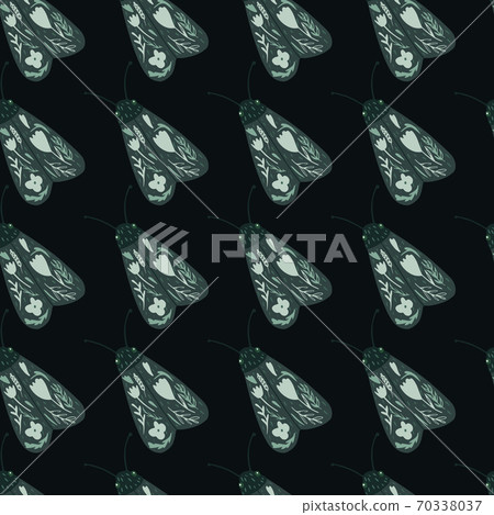 Dark night moth seamless doodle pattern. Green folk insects on black background. Stylish butterfly backdrop. Dark night moth seamless doodle pattern. Green folk insects on black background. Stylish butterfly backdrop. 70338037