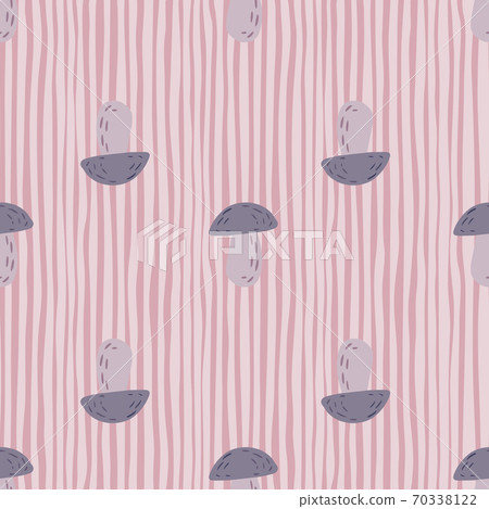 Simple seamless food pattern with forest mushrooms ornament. Purple elements on stripped lilac background. 70338122