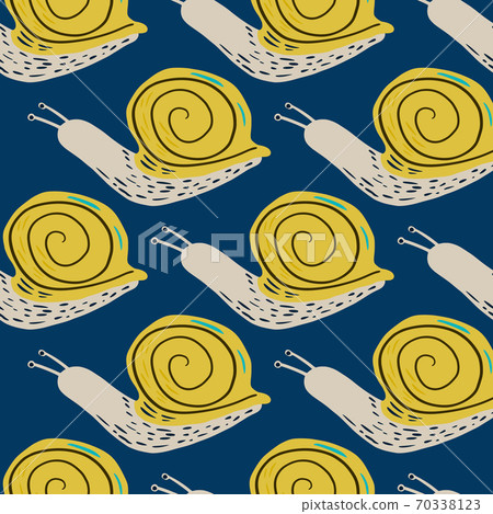 Yellow and light pink colored snails sillhouetes seamless pattern. Navy blue background. Wildlife fauna backdrop. 70338123