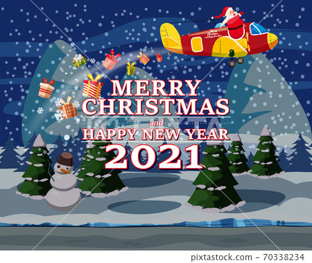 Santa Claus Van with text Merry Chrismas and Happy New Year 2021 flying in plane on night winter landscape delivering shipping gifts Santa Claus Van with text Merry Chrismas and Happy New Year 2021 flying in plane on night winter landscape delivering shipping gifts 70338234