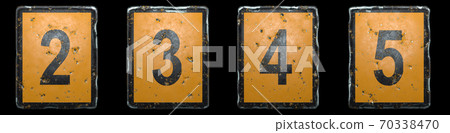 Set of numbers 2, 3, 4, 5 made of public road sign orange and black color on black background. 3d Set of numbers 2, 3, 4, 5 made of public road sign orange and black color on black background. 3d 70338470