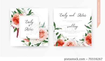 Vector watercolor wedding floral invite, invitation design: blush peach, ivory white roses, pale coral Juliette flowers, burgundy amaranth, eucalyptus greenery leaves wreath. Trendy & stylish template 70339267