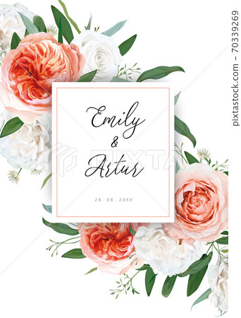 Wedding floral invite, greeting card design. Ivory white, blush peach roses, pale coral Juliette rose flowers, eucalyptus greenery leaves decoration. Elegant, stylish, delicate, cute editable template 70339269