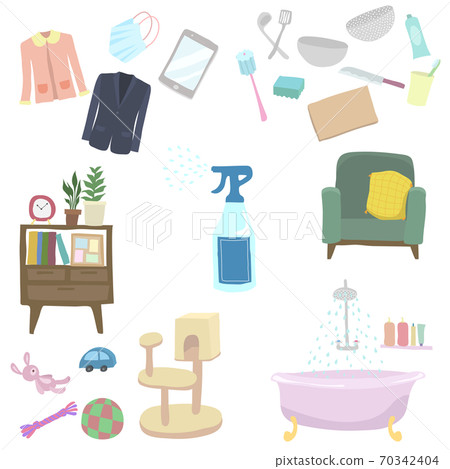 Illustrations for disinfecting and disinfecting furniture, kitchen utensils, clothes and toys 70342404