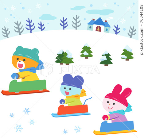 Bears, rabbits, mice / sets playing sledding - Stock Illustration ...