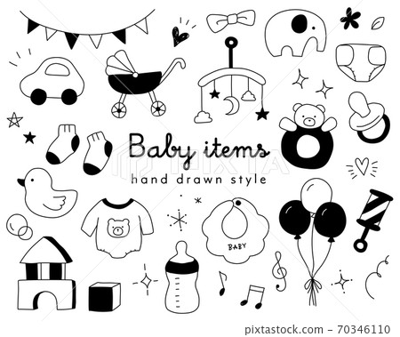 Set of hand-drawn illustrations of cute baby items / baby / toys / children / goods / parenting / newborn baby 70346110