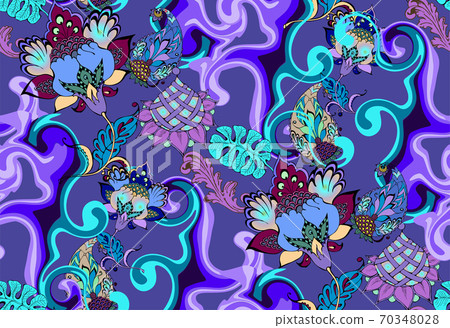 Fantastic flowers and paisley. Seamless pattern. Vector illustration. Suitable for fabric, mural, wrapping paper, digital paper, wall paper and the like Fantastic flowers and paisley. Seamless pattern. Vector illustration. Suitable for fabric, mural, wrapping paper, digital paper, wall paper and the like 70348028
