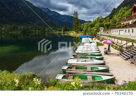 Lake Hintersee with boats in the Berchtesgaden Alps, Germany Lake Hintersee with boats in the Berchtesgaden Alps, Germany 70348170