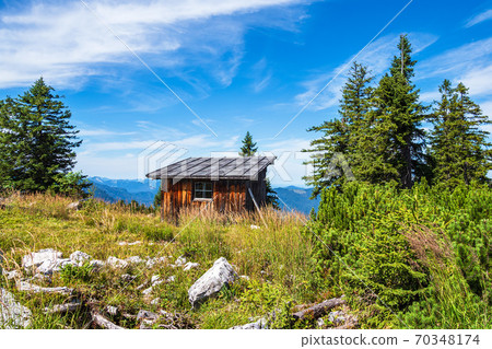 Wooden hut on the mountain Prediktstuhl in the Berchtesgaden Alps, Germany Wooden hut on the mountain Prediktstuhl in the Berchtesgaden Alps, Germany 70348174