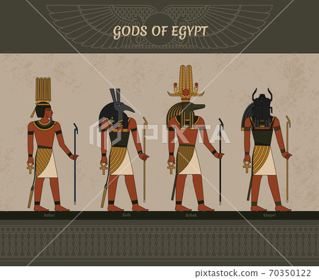 Vector illustration symbols of ancient Egypt Egyptian winged sun, gods Thoth, Anhur, Sobek, Khepri Vector illustration symbols of ancient Egypt Egyptian winged sun, gods Thoth, Anhur, Sobek, Khepri 70350122