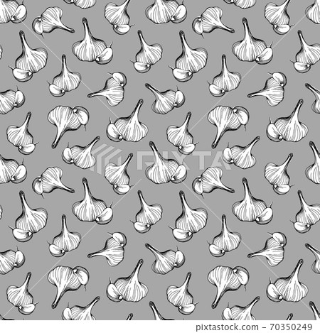 Hand-drawn garlic pattern on a gray background. Design for textiles, printing, paper, cooking blogs and books Hand-drawn garlic pattern on a gray background. Design for textiles, printing, paper, cooking blogs and books 70350249