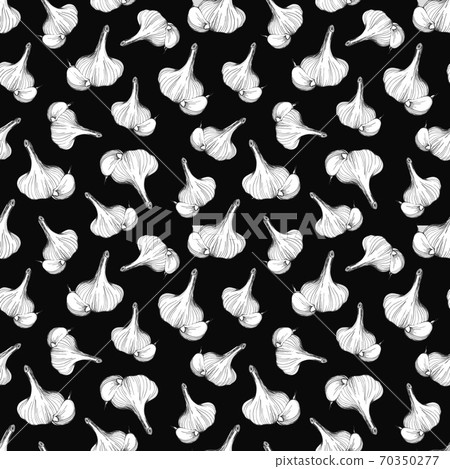 Seamless Garlic pattern on a black background. Vegetable pattern. Hand-drawn vector illustration Seamless Garlic pattern on a black background. Vegetable pattern. Hand-drawn vector illustration 70350277