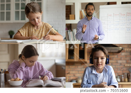 Small kids speak on video call with ethnic male teacher Small kids speak on video call with ethnic male teacher 70351600