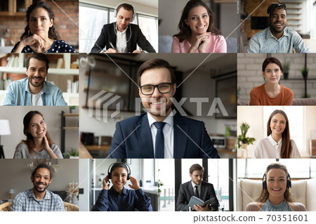Multiethnic colleagues brainstorm speak on group video call Multiethnic colleagues brainstorm speak on group video call 70351601