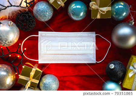 Christmas decoration and white protective medical face mask for Covid-19, coronavirus,Christmas and New Year background 70351865